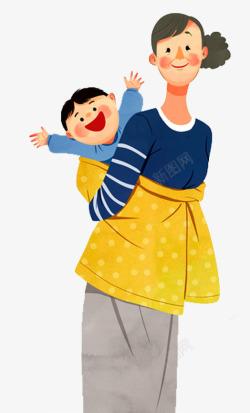 背着孩子手绘可爱人物插画母亲节背着孩子高清图片