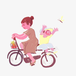 骑自行车插画手绘人物插图可爱插画母亲节骑自高清图片