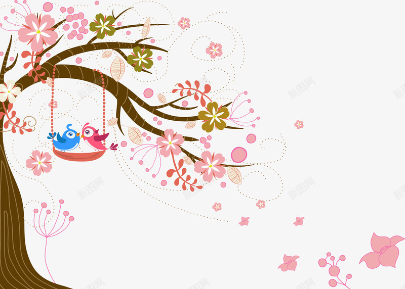 卡通树png免抠素材_新图网 https://ixintu.com 可爱花朵 小鸟 彩色花朵 手绘 手绘花朵 枝头 线描 花卉 花朵 花枝 花草