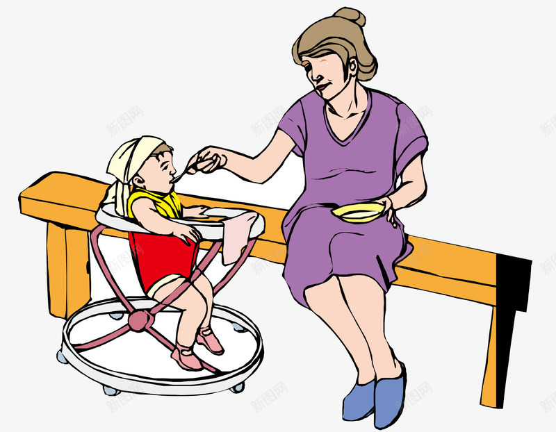 给孩子喂饭的母亲png免抠素材_新图网 https://ixintu.com 卡通 可爱 学步车 宝宝 母爱 紫色 食品 食物