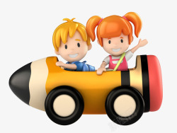 卡通车上手绘卡通坐在车上的两个小孩子高清图片