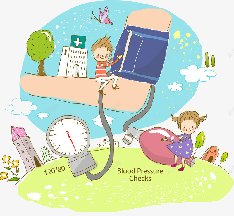 测量血压png免抠素材_新图网 https://ixintu.com 卡通 女孩 孩子 房子 手绘 测量血压 绿色 蝴蝶