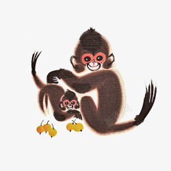 中国风水墨画猴妈妈和猴宝宝素材