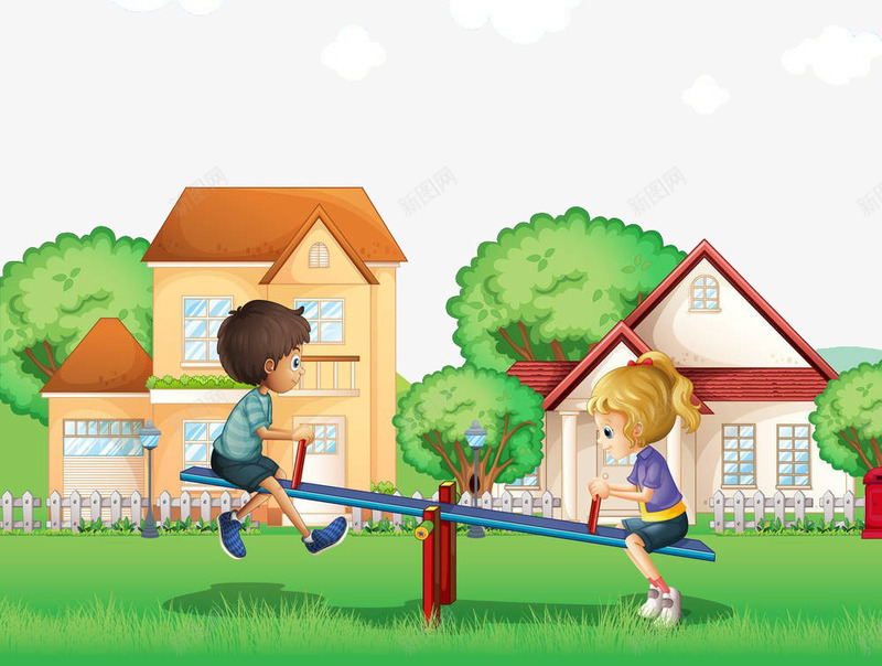 孩子在草地上玩跷跷板png免抠素材_新图网 https://ixintu.com 大树 孩子 屋子 草地