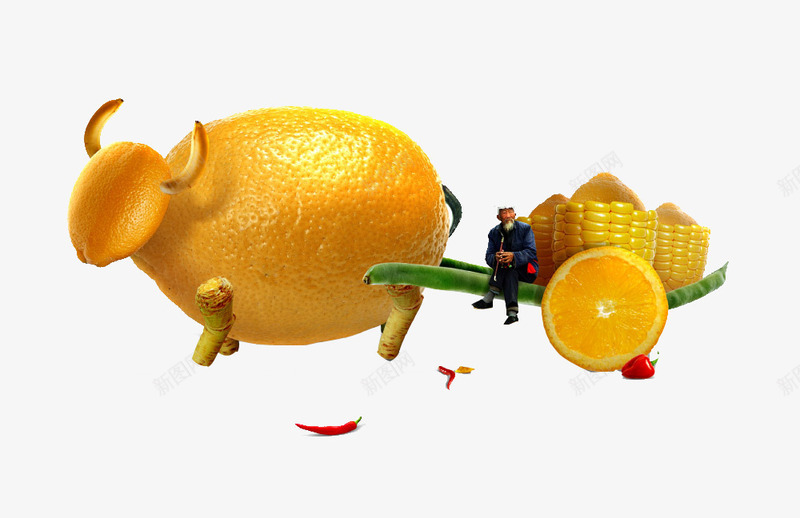 创意水果造型png免抠素材_新图网 https://ixintu.com 三轮车 农民伯伯 创意水果造型 创意车 大丰收 柠檬 水果 牛 玉米 马车