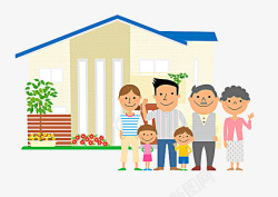 卡通手绘站在房子前的一家人的图素材