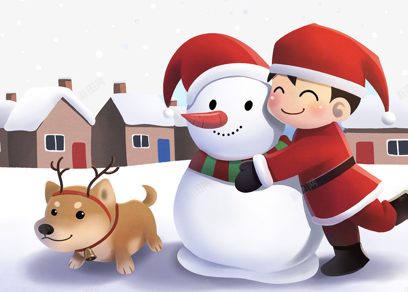 圣诞节主题卡通png免抠素材_新图网 https://ixintu.com 喜庆 圣诞快乐 圣诞礼物 圣诞节 屋子 红色雪人 节日气氛 雪地 麋鹿