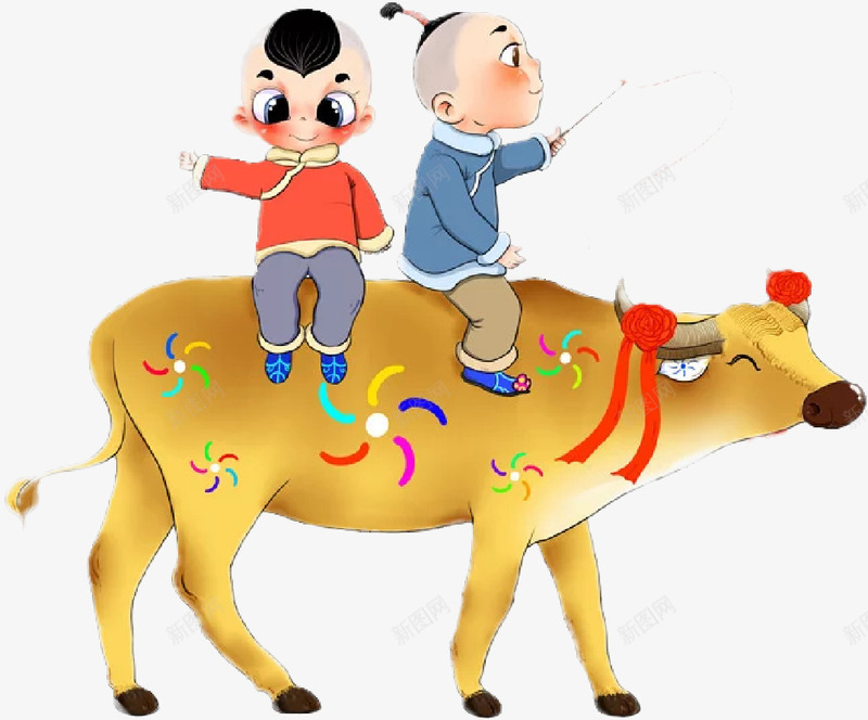 清明两个孩子骑牛png免抠素材_新图网 https://ixintu.com 清明 牧童 玩耍 骑牛