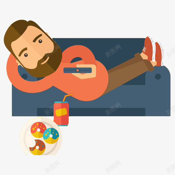 卡通躺在沙发上看电视的男士png免抠素材_新图网 https://ixintu.com 卡通 可爱 手绘 沙发 男士 舒适 躺在沙发上 饮料 饼干