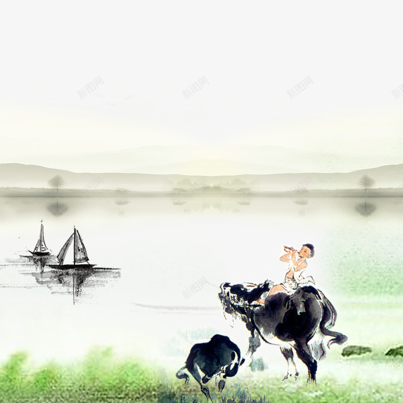 春季绿色草地上放牛的孩子psd免抠素材_新图网 https://ixintu.com 放牛的孩子 春季 河流 绿色 船只 草地上 骑在牛身上的孩子