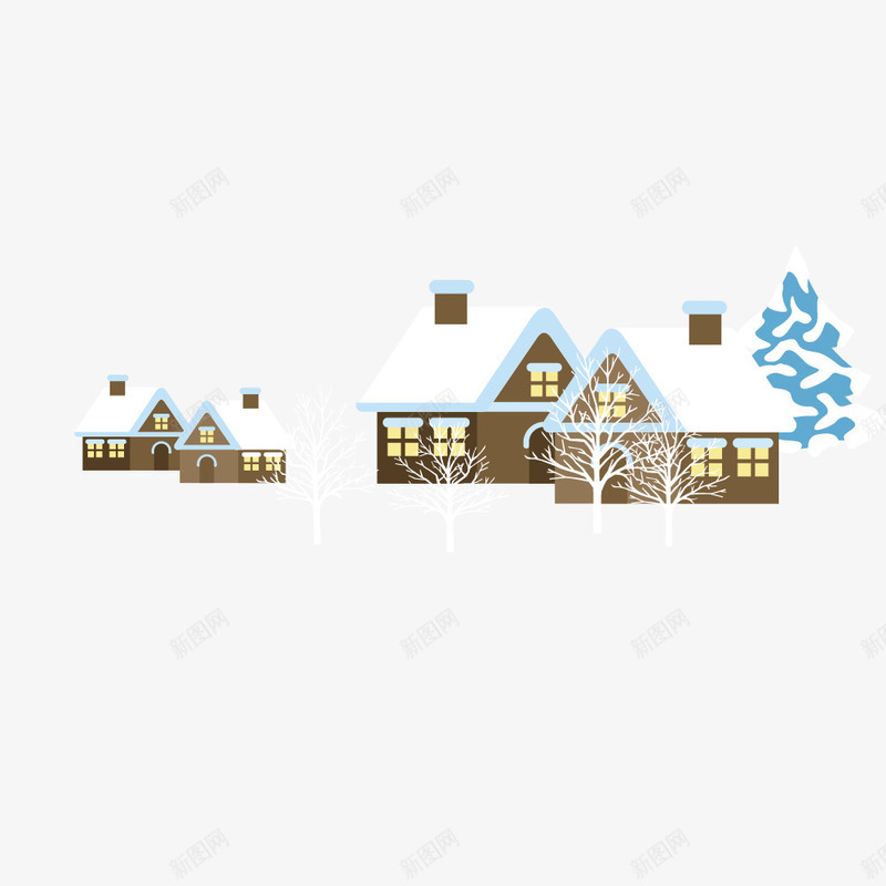 雪地里的房屋png免抠素材_新图网 https://ixintu.com 卡通 灯光 白色的屋顶 白色的雪 窗户 褐色