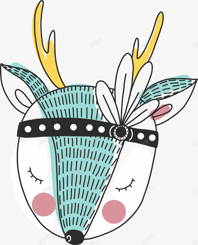 手绘小动物头像图png免抠素材_新图网 https://ixintu.com 创意 卡通手绘 可爱 小动物 水彩 睡觉 绿色 鹿角