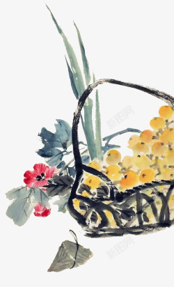 中国画枇杷叶水墨中国画端午节装饰插图粽子花高清图片