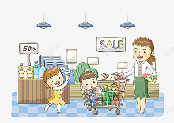 妈妈和孩子去购物png免抠素材_新图网 https://ixintu.com 卡通 妈妈 孩子 购物