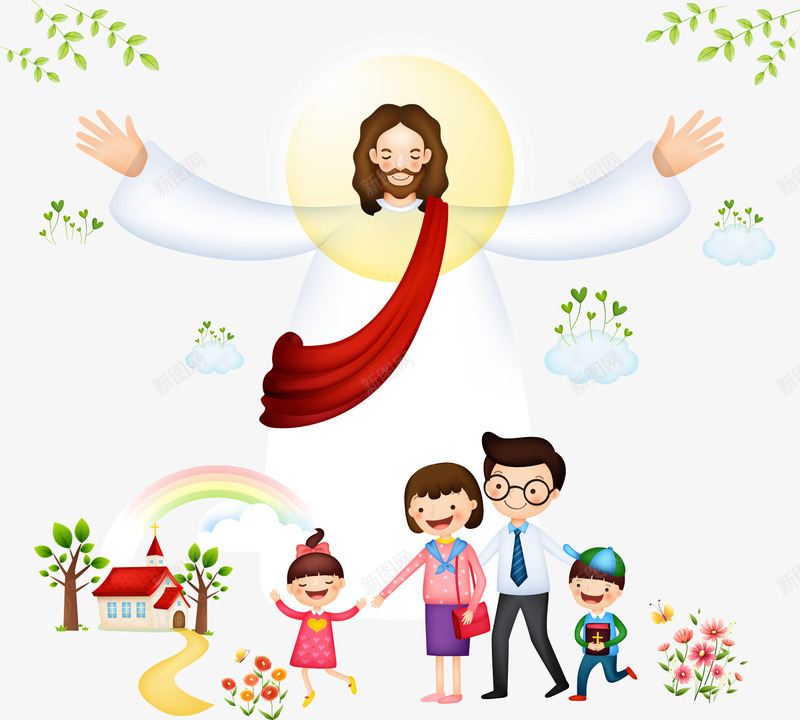 耶稣与孩子png免抠素材_新图网 https://ixintu.com 上帝耶稣耶和华 儿童插画 卡通插画 叶子 孩子 彩虹 树叶 耶稣