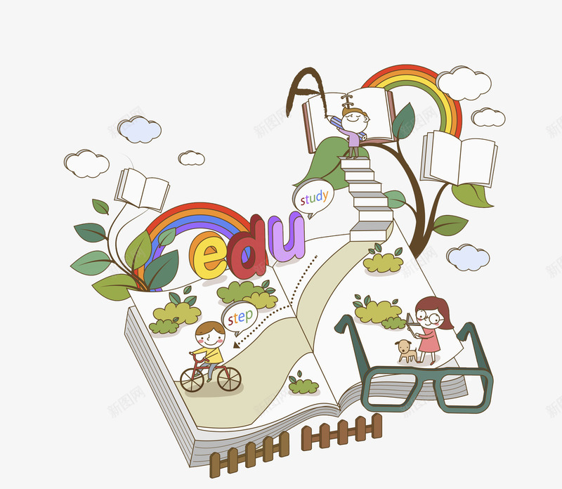 玩耍的孩子png免抠素材_新图网 https://ixintu.com 卡通 眼镜框 自行车 读书 遛狗 阶梯 骑车
