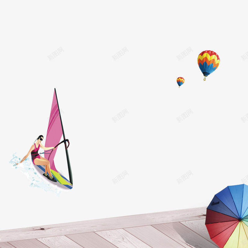 红色现代海报装饰png免抠素材_新图网 https://ixintu.com 冲浪 旅游 景色 气球 海报背景 背景 装饰 风帆 风景