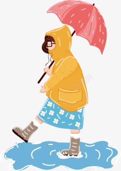 雨中散步顽皮踩水的女孩子高清图片