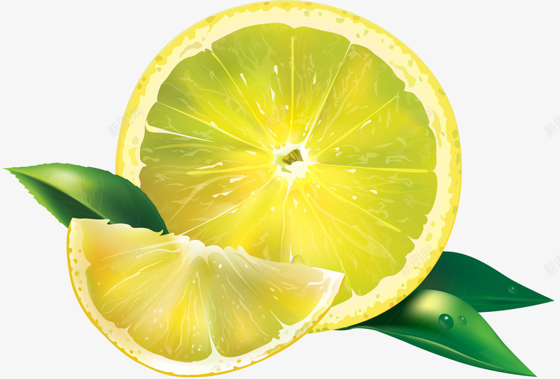 卡通手绘黄色的柠檬png免抠素材_新图网 https://ixintu.com 切开的柠檬 创意 卡通手绘 水果 绿叶 黄色柠檬