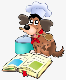 厨师看书学做饭的小狗高清图片