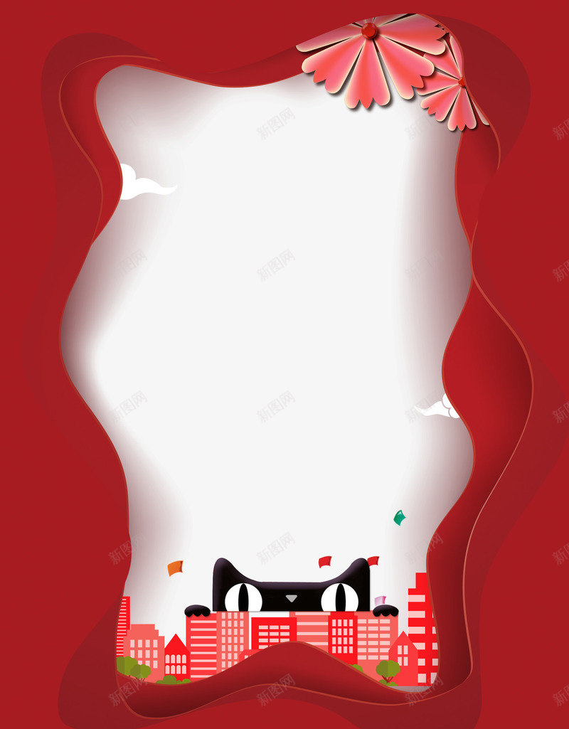 红色天猫双十一边框psd免抠素材_新图网 https://ixintu.com 促销 创意 双十一 天猫 红色 纸花 花朵 购物 边框