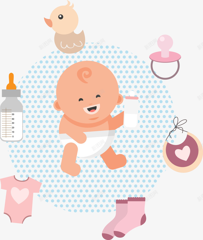 婴儿用品矢量图ai免抠素材_新图网 https://ixintu.com 围嘴 奶嘴 奶瓶 婴儿 粉色 矢量图