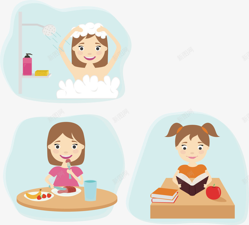 创意女孩日常生活png免抠素材_新图网 https://ixintu.com 吃饭 女孩 学习 宝宝吃东西 日常生活 洗澡