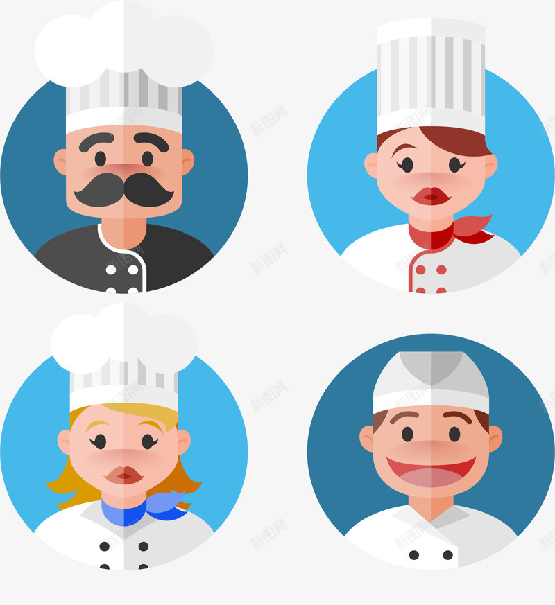 4款扁平化厨师头像矢量图图标ai_新图网 https://ixintu.com 厨师 厨房 图标 头像 女子 扁平化 烹饪 男子 矢量图