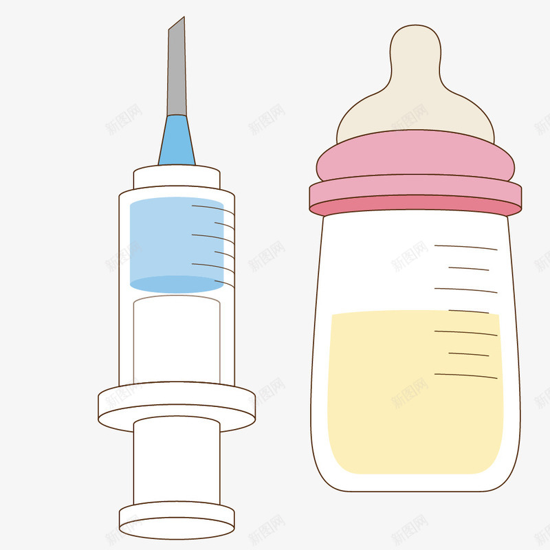 婴幼儿奶瓶和针管png免抠素材_新图网 https://ixintu.com 卡通奶瓶 奶瓶 婴儿用品 手绘针管 线条 针管