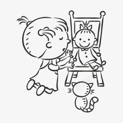 小猫咪和小女孩卡通儿童手绘高清图片