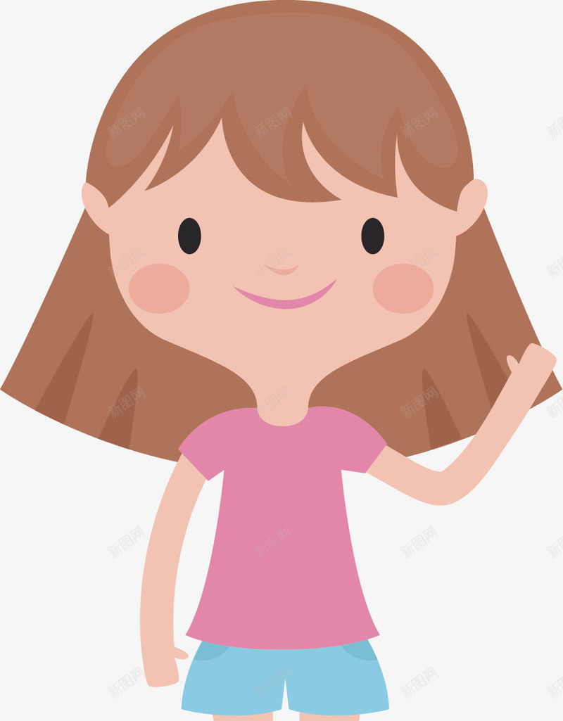 长发女孩png免抠素材_新图网 https://ixintu.com 卡通 可爱 微笑 挥手 粉色T恤 腮红 长发女孩