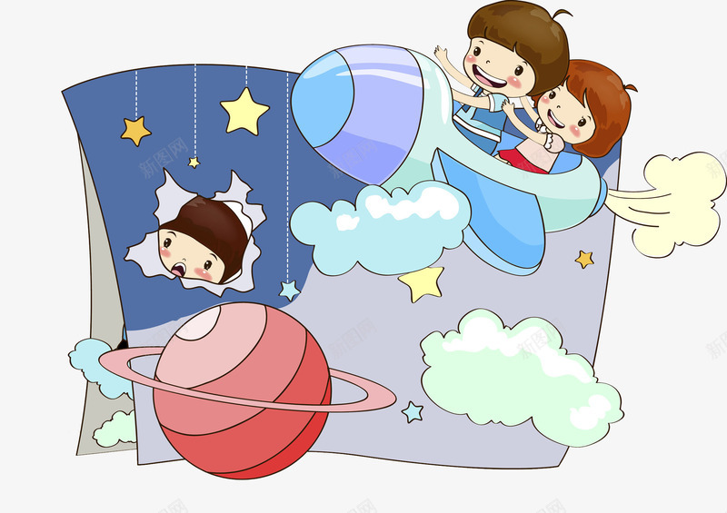 飞向太空的孩子png免抠素材_新图网 https://ixintu.com 卡通 场景 太空 孩子 插图 星球 红色的 飞船