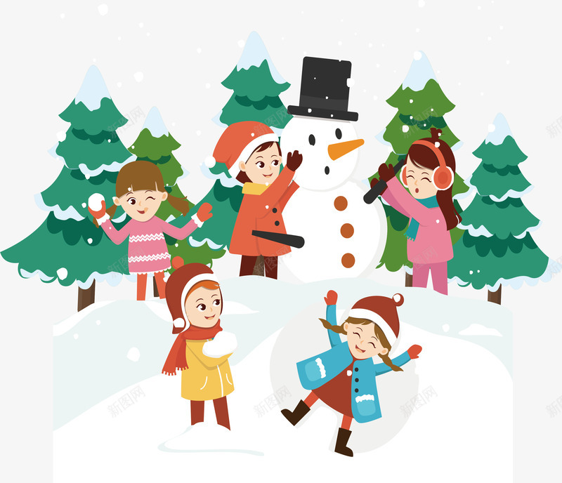 开心玩雪的孩子们png免抠素材_新图网 https://ixintu.com 堆雪人 打雪仗 暖冬 欢呼的人 玩雪 矢量png