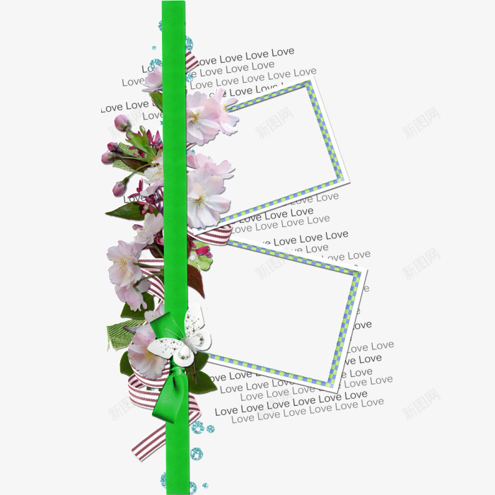 用英文字底装饰的边框png免抠素材_新图网 https://ixintu.com 手绘 文本框 方形边框 照片 相框 粉色花 绿色蝴蝶结