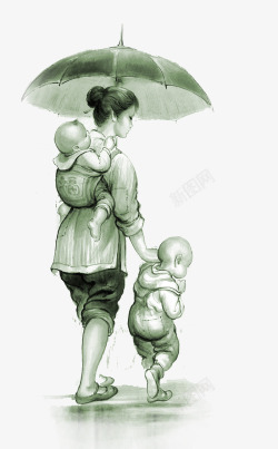 雨中牵着孩子和抱子的妇女素材