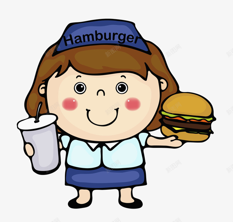 拿着汉堡和饮料的女士png免抠素材_新图网 https://ixintu.com hamburger 卡通 商务 女士 彩色 手绘 服务员 汉堡包 饮料