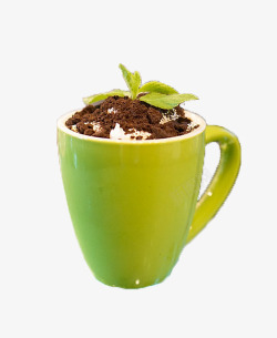 盆栽饮料绿色陶瓷杯装的盆栽奶茶高清图片