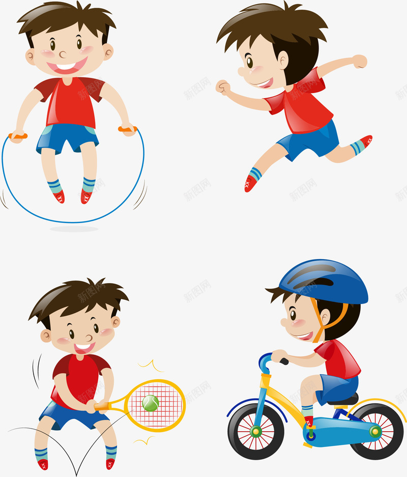 手绘运动的孩子png免抠素材_新图网 https://ixintu.com 手绘 打网球 跑步 跳绳 运动 骑自行车