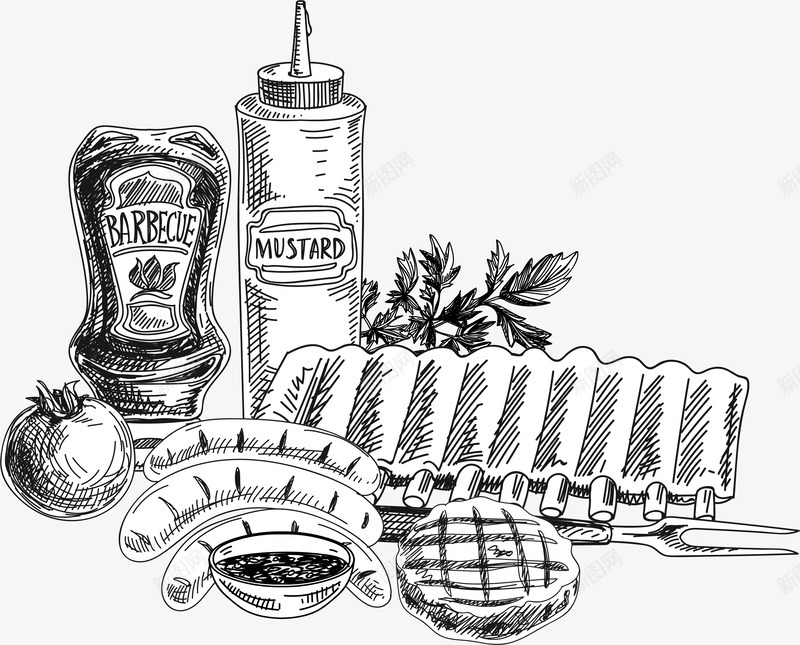 美味食物和餐具素描画图标png_新图网 https://ixintu.com 果汁 烤肠 简图 素描画 蘸酱 餐具 饮料 香肠