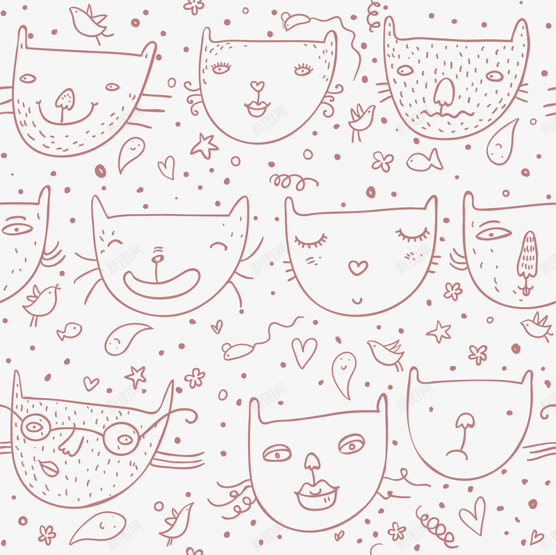 猫咪壁纸png免抠素材_新图网 https://ixintu.com 可爱 弹簧 微笑 性感嘴唇 星星 爱心 猫咪头像 粉色 素描 背景 胡须
