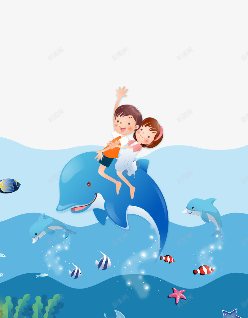 卡通手绘骑在海豚上的孩子psd免抠素材_新图网 https://ixintu.com 卡通 手绘 海豚上的孩子 蓝色的海水 蓝色的海豚 骑在