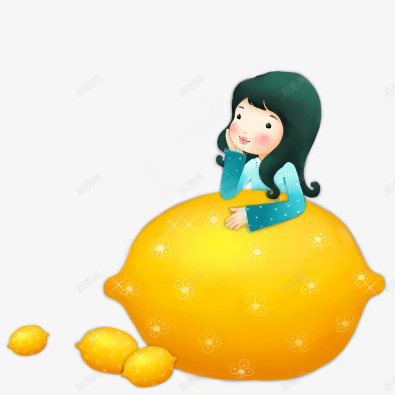 柠檬女孩png免抠素材_新图网 https://ixintu.com 卡通 可爱 女孩 手绘 柠檬 水果 蓝色的 黄色的