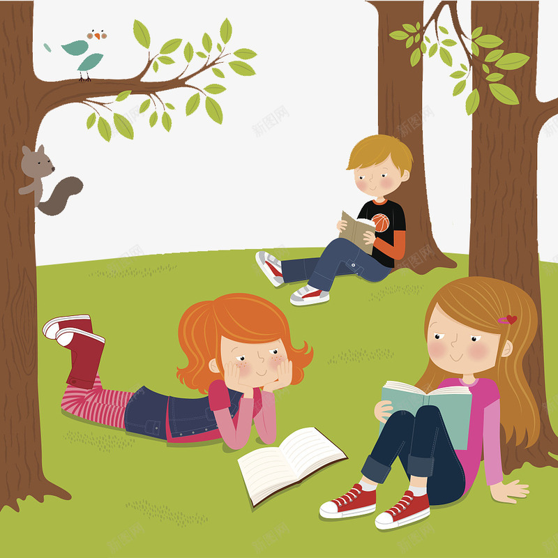 坐在草地靠着树看书的孩子们png免抠素材_新图网 https://ixintu.com 卡通 可爱插图 坐在草地 孩子们 看书 草地上的人 靠着树