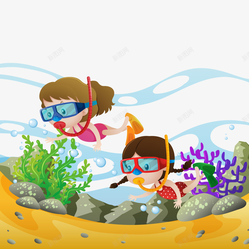 孩子们在海里潜水png免抠素材_新图网 https://ixintu.com 女孩 孩子 水草 海 海浪 潜水 礁石