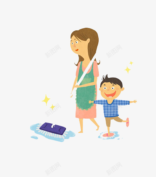 妈妈带孩子打扫卫生png免抠素材_新图网 https://ixintu.com 劳动 卡通 妈妈 干净 开心 手绘 打扫卫生 拖把 男孩