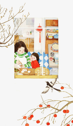 孩子抓妈妈包迎新年包水饺高清图片