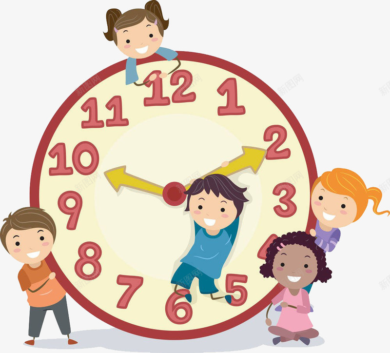 孩子认识时间png免抠素材_新图网 https://ixintu.com 5个 孩子 数字 时间盘 钟表