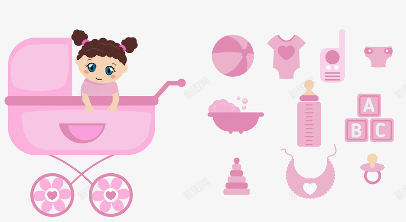 粉色婴儿用品png免抠素材_新图网 https://ixintu.com 围嘴 奶瓶 小推车 粉色