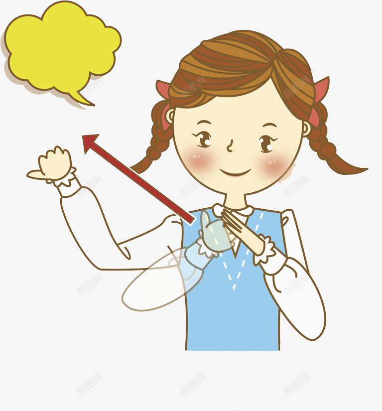 手绘女孩png免抠素材_新图网 https://ixintu.com 卡通 可爱 女孩 孩子 对话框 手指 手绘 箭头 黄色