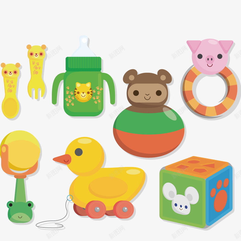 婴儿用品玩具png免抠素材_新图网 https://ixintu.com 奶瓶 小黄鸭 摇铃 玩具